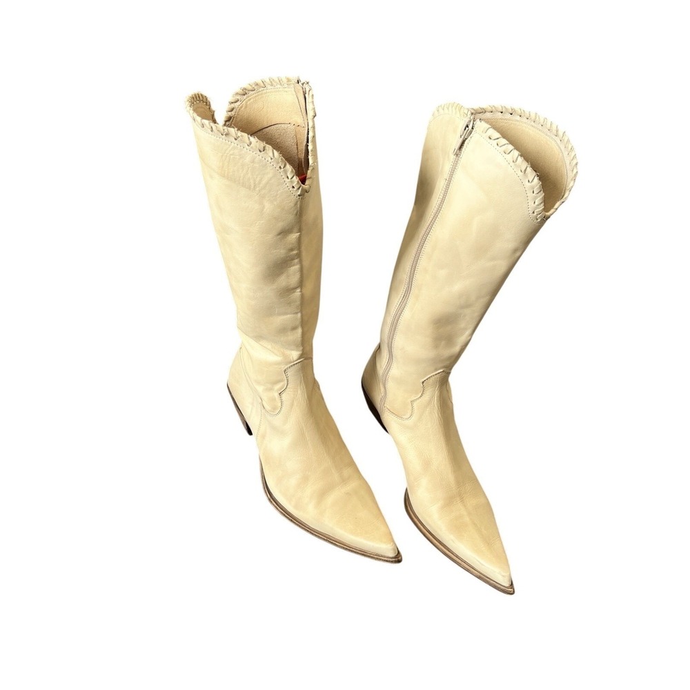 Vintage Pointed Toe Cream Italian Leather Western Boots Stacked Heel Zip Up 9 - Picture 3 of 16